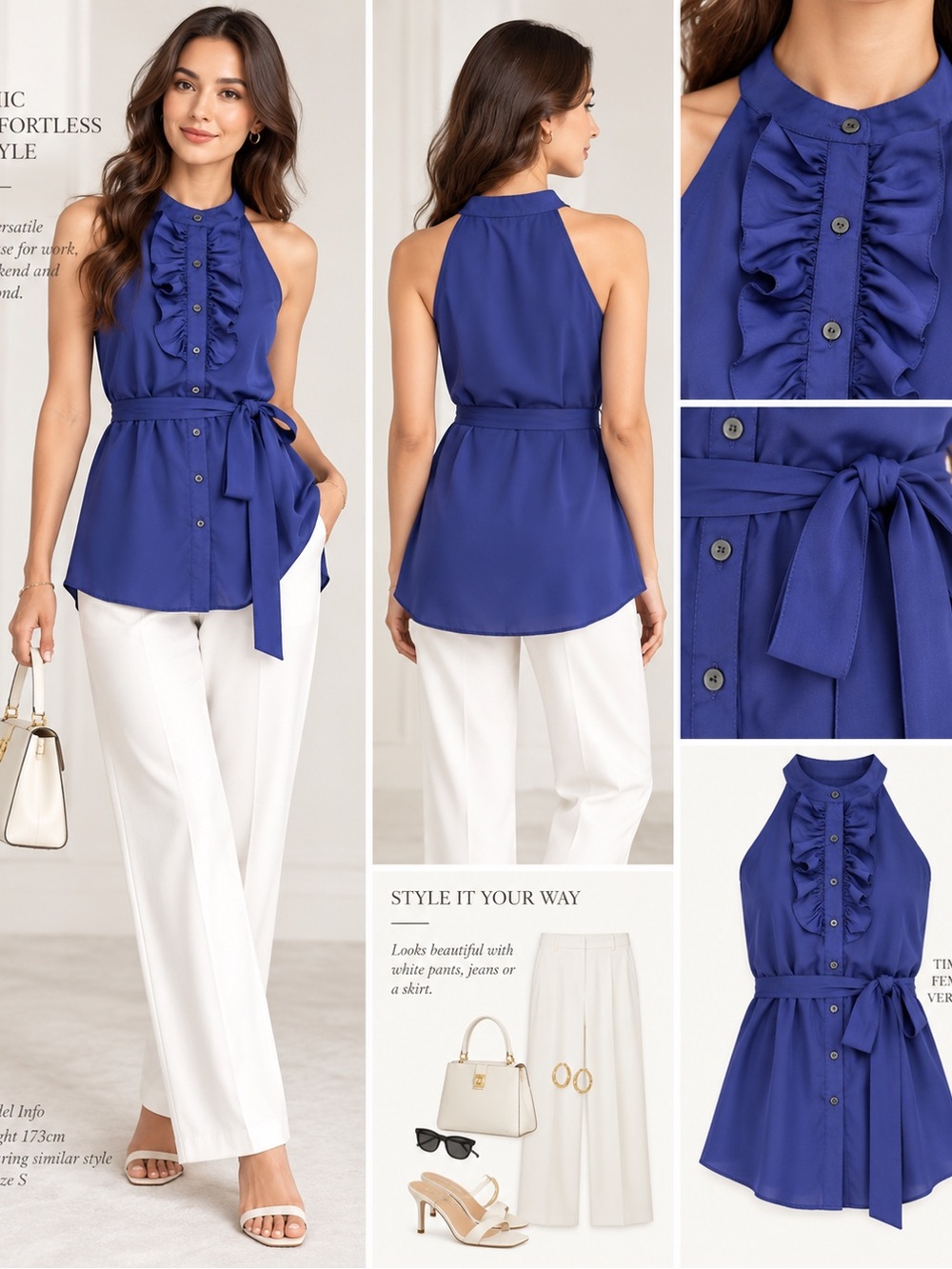 Royal Blue Ruffle Halter Tunic Blouse with Tie Waist